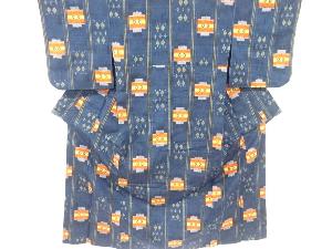 リサイクル　幾何学に菱模様織り出し手織り紬着物